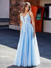V-Neck Flower Appliqued Tulle Prom Dresses Sky Blue Plus Size