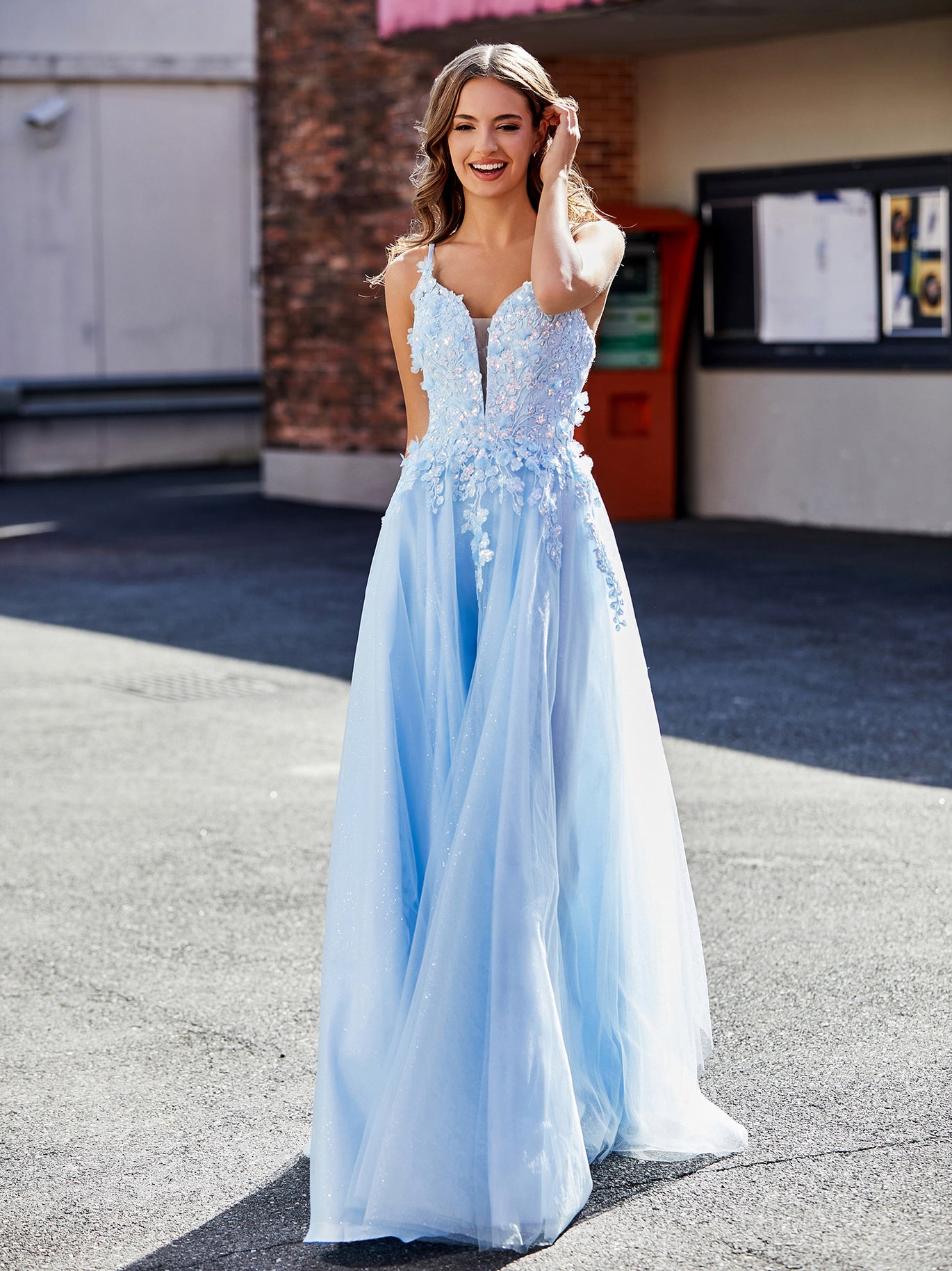 V-Neck Flower Appliqued Tulle Prom Dresses Sky Blue - Sky Blue / UK4 V-Neck Flower Appliqued Tulle Prom Dresses Sky Blue - Sky Blue / UK4