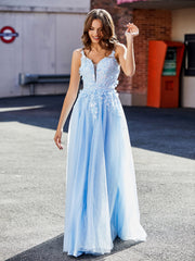 V-Neck Flower Appliqued Tulle Prom Dresses Sky Blue Plus Size
