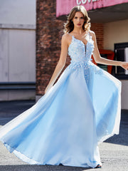 V-Neck Flower Appliqued Tulle Prom Dresses Sky Blue Plus Size