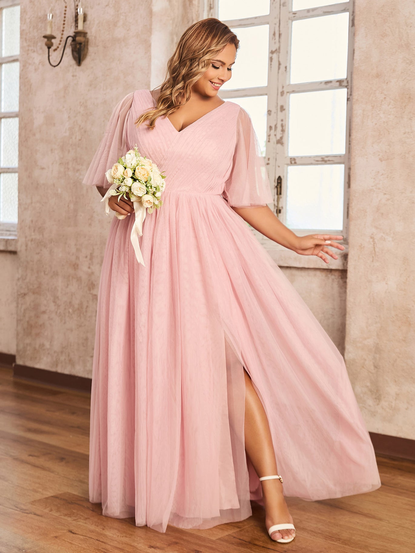 BABARONI Tulle Blushing Pink Bridesmaid Dresses A-line V-neck Sleeveless  Floor-length With Slit – BABARONI UK