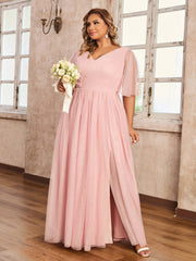 V-neck Long Tulle Dresses with Slit Blushing Pink