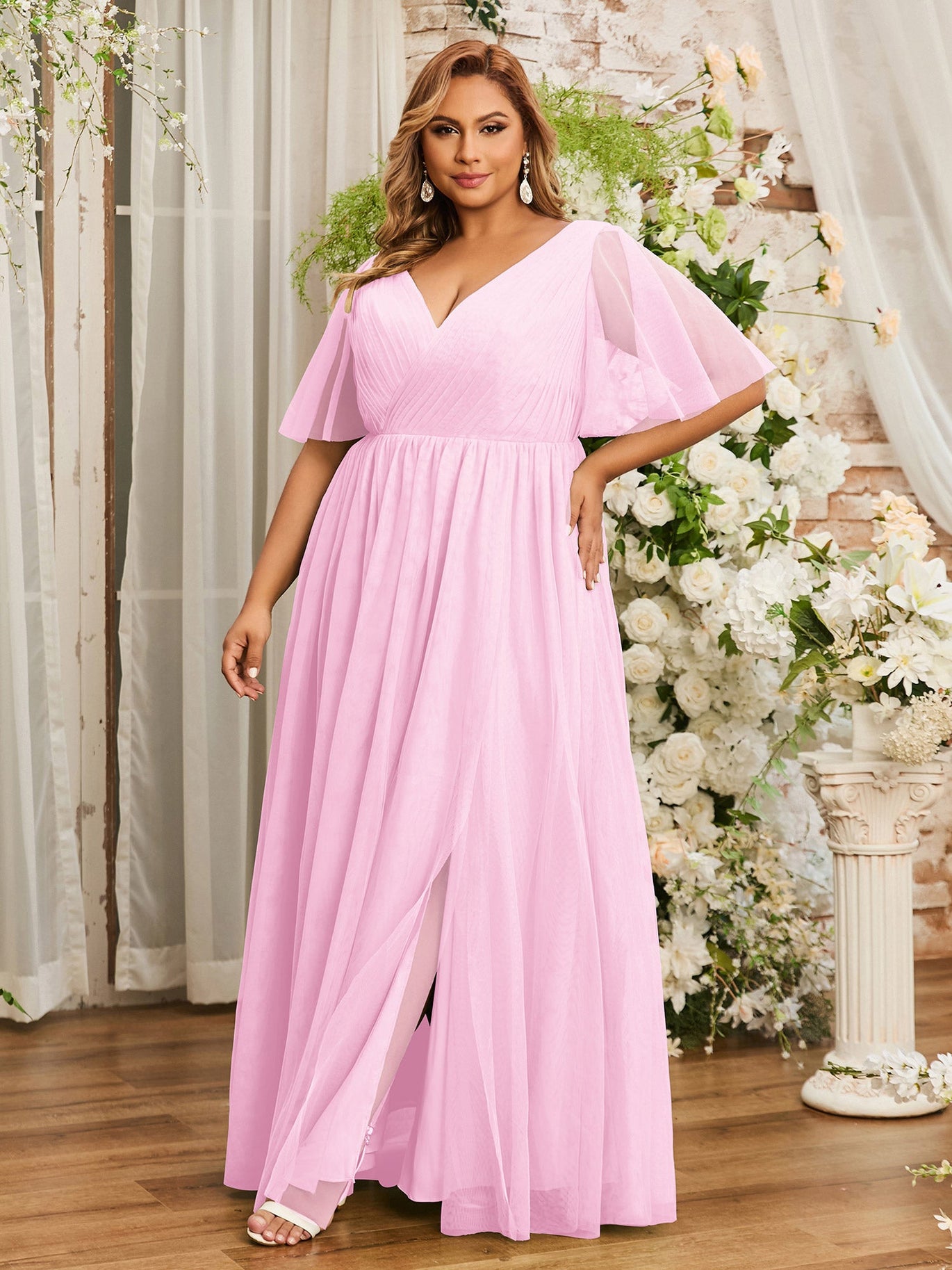 BABARONI Tulle Candy Pink Bridesmaid Dresses A-line V-neck Sleeveless  Floor-length With Slit – BABARONI UK