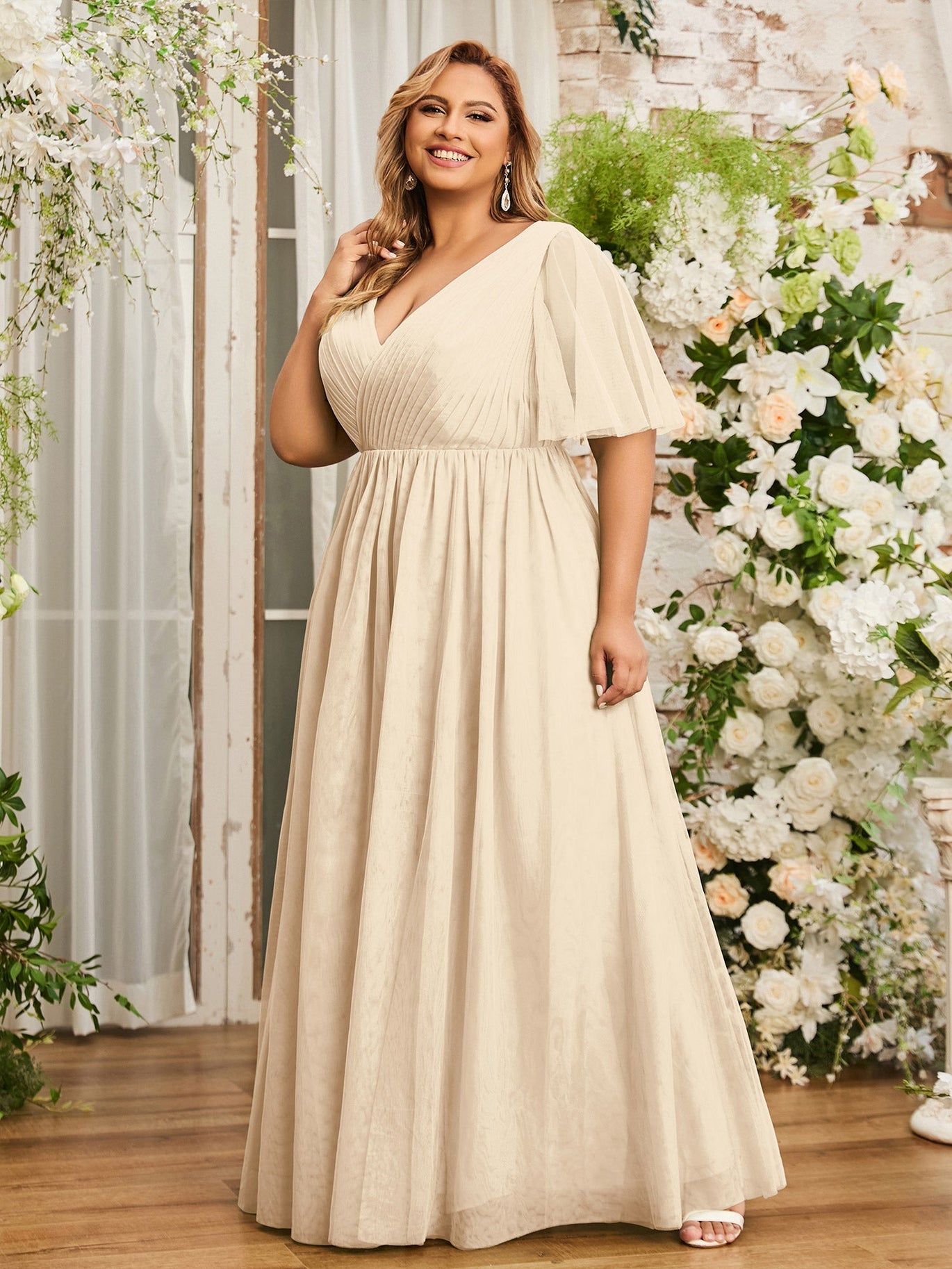 BABARONI Tulle Champagne Bridesmaid Dresses A-line V-neck Sleeveless  Floor-length With Slit  BABARONI UK