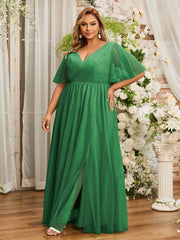 V-neck Long Tulle Dresses with Slit Emerald
