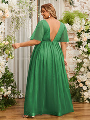V-neck Long Tulle Dresses with Slit Emerald