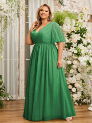 V-neck Long Tulle Dresses with Slit Emerald