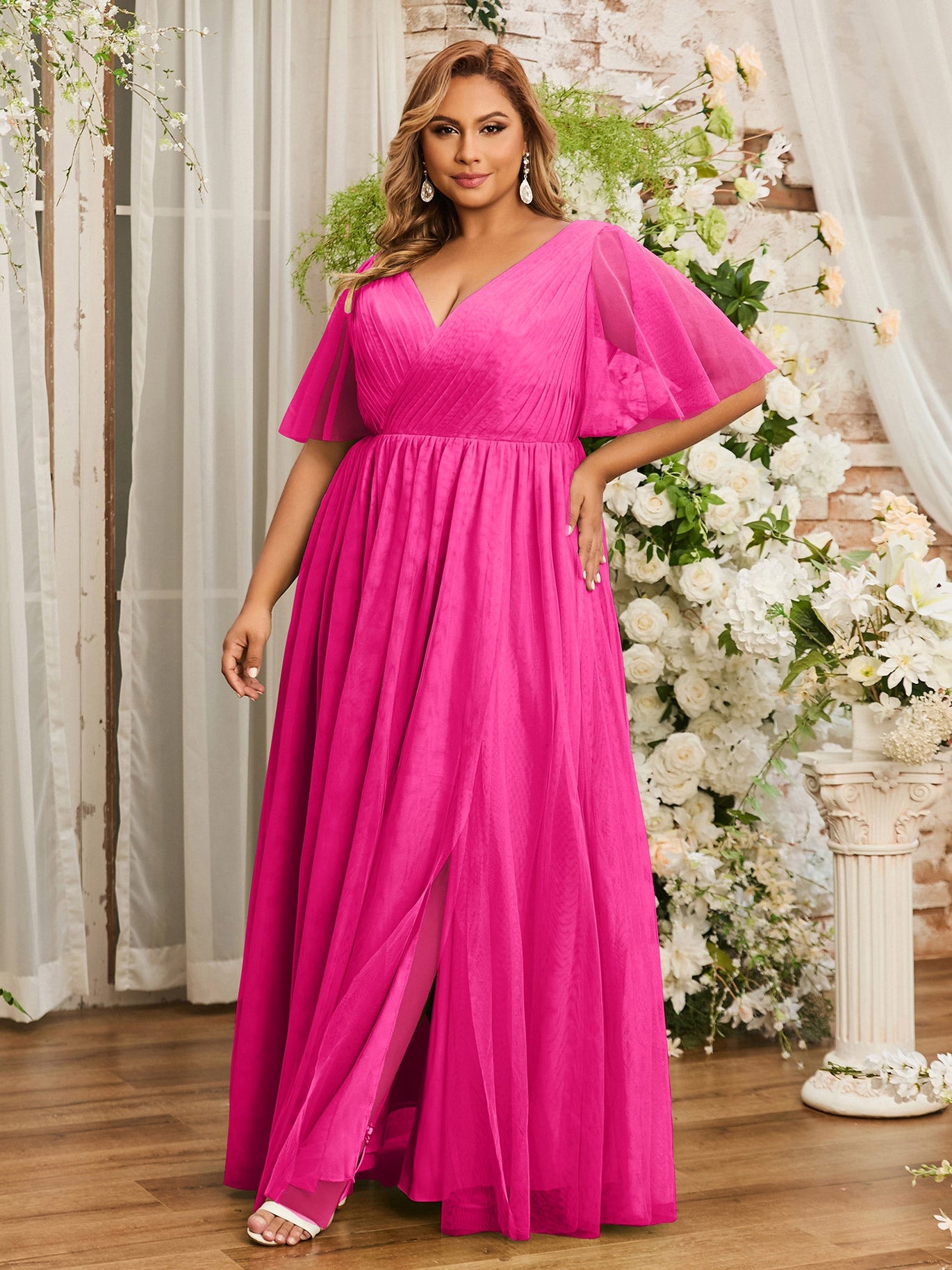 BABARONI Tulle Fuchsia Bridesmaid Dresses A-line V-neck Sleeveless Floor-length With Slit BABARONI UK BABARONI Tulle Fuchsia Bridesmaid Dresses A-line V-neck Sleeveless Floor-length With Slit BABARONI UK