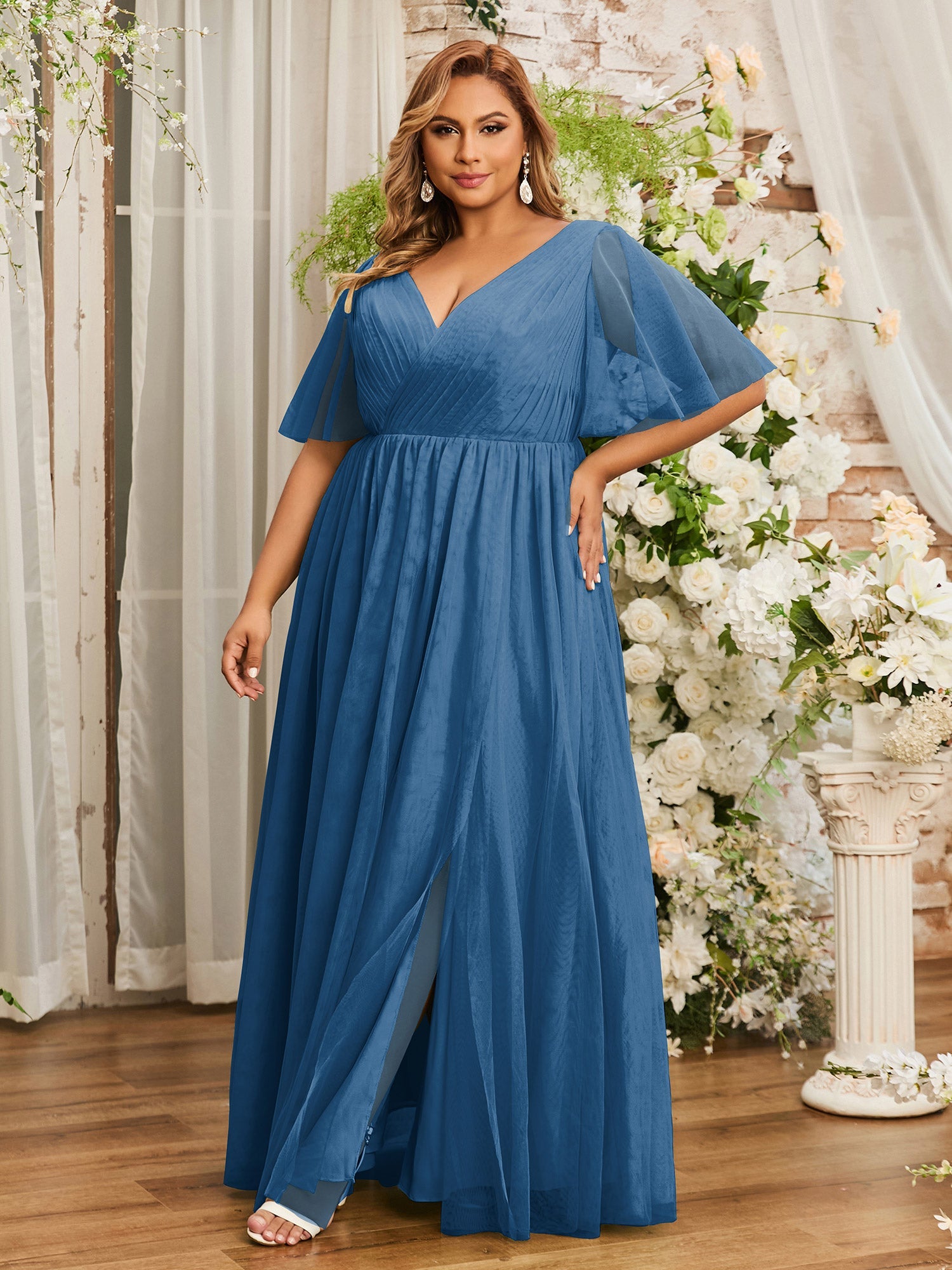 V-neck Long Tulle Dresses with Slit Ink Blue | BABARONI – BABARONI UK