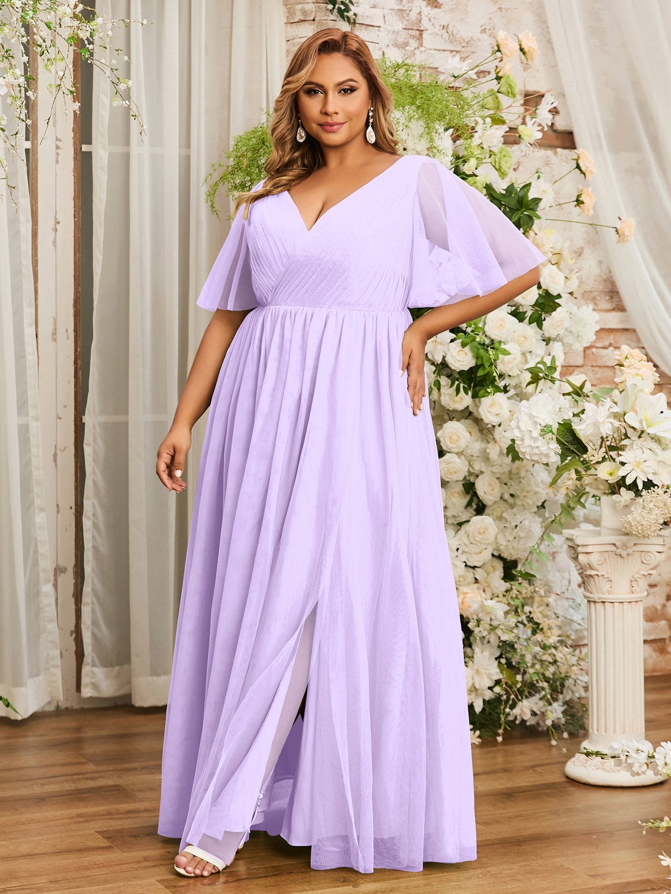 lilac maxi dress uk BABARONI Tulle Lilac Bridesmaid Dresses A-line V-neck Sleeveless  Floor-length With Slit – BABARONI UK