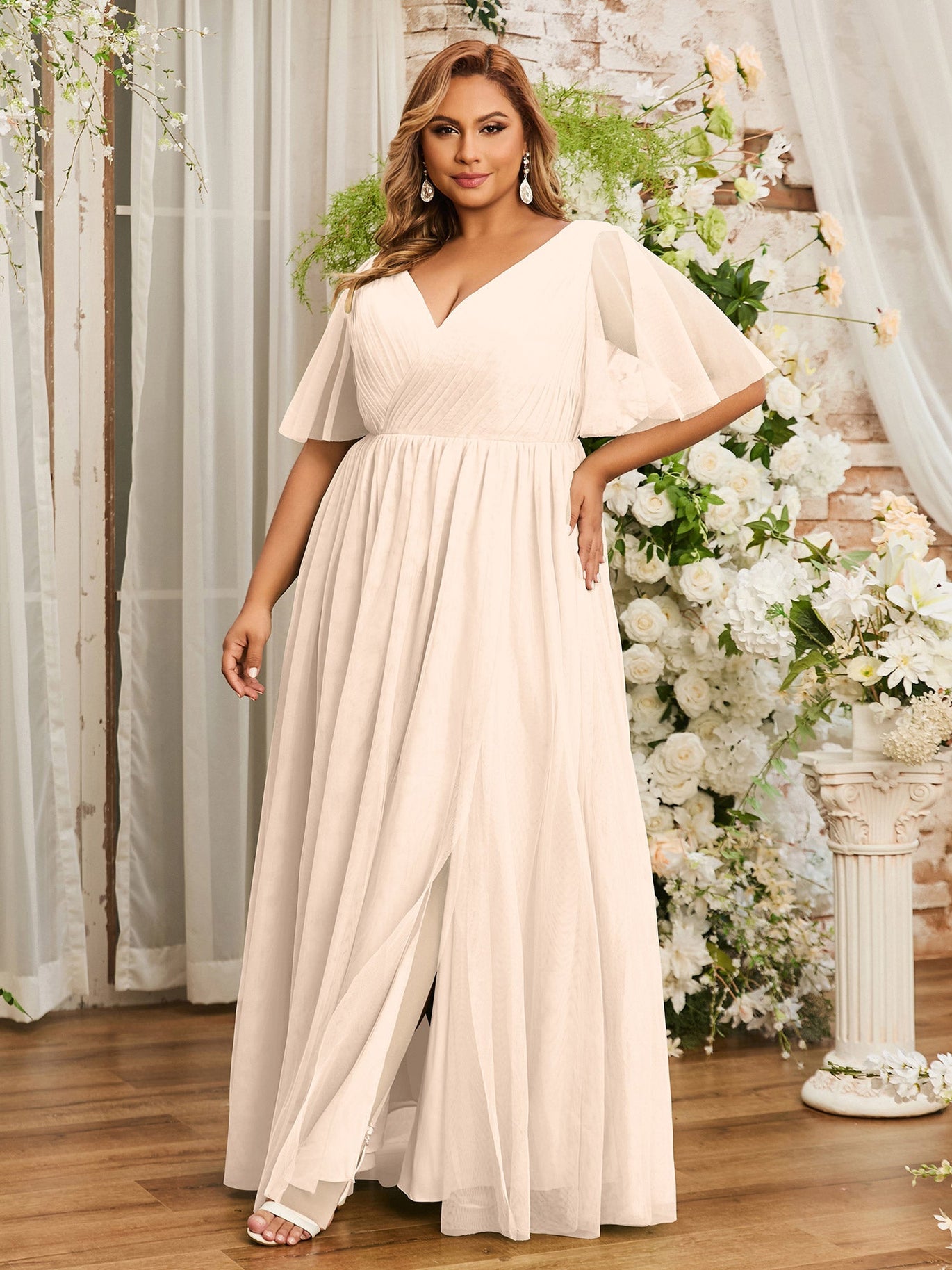 BABARONI Tulle Peach Bridesmaid Dresses A-line V-neck Sleeveless  Floor-length With Slit – BABARONI UK