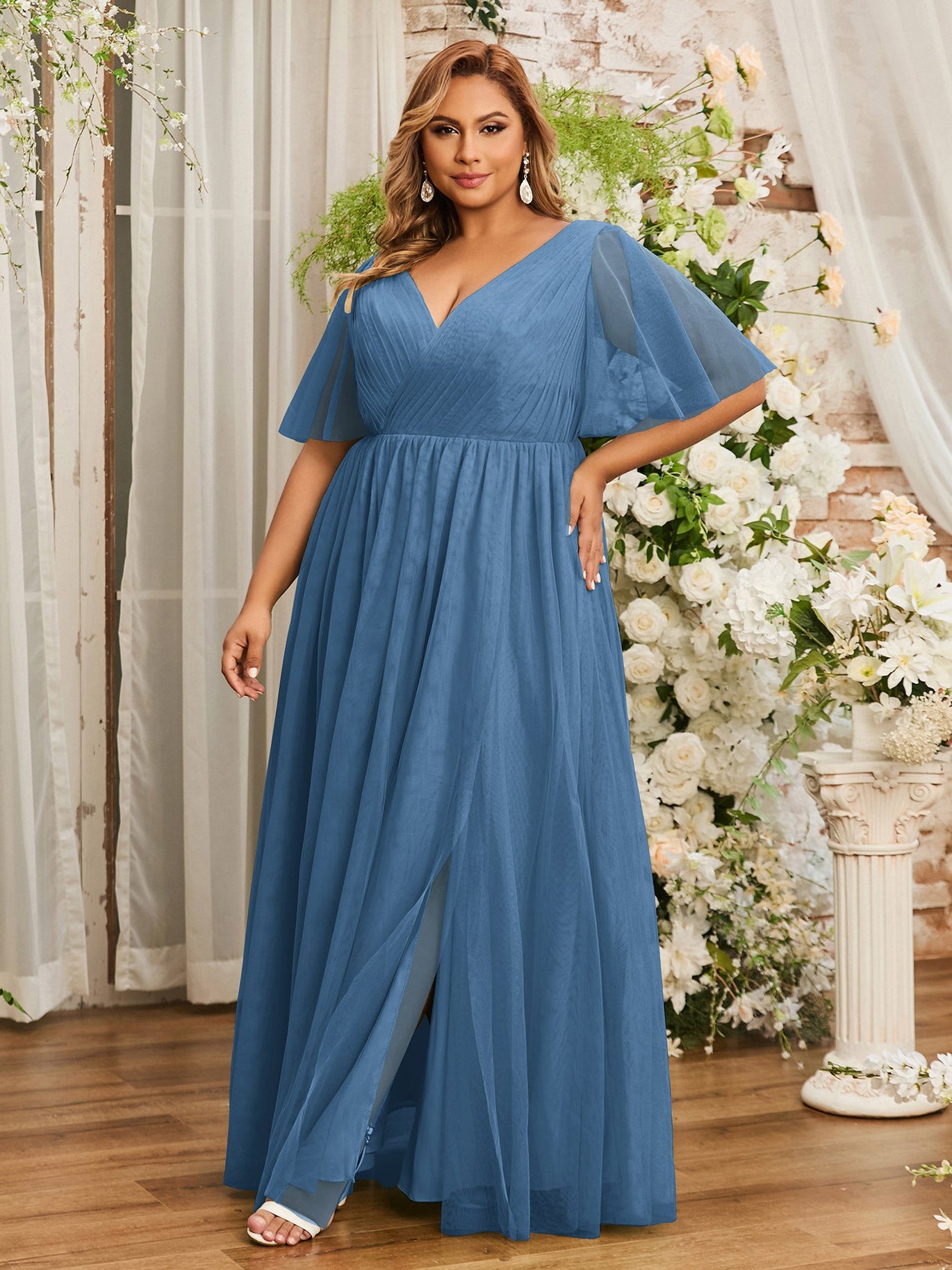 BABARONI Tulle Slate Blue Bridesmaid Dresses A-line V-neck Sleeveless  Floor-length With Slit – BABARONI UK