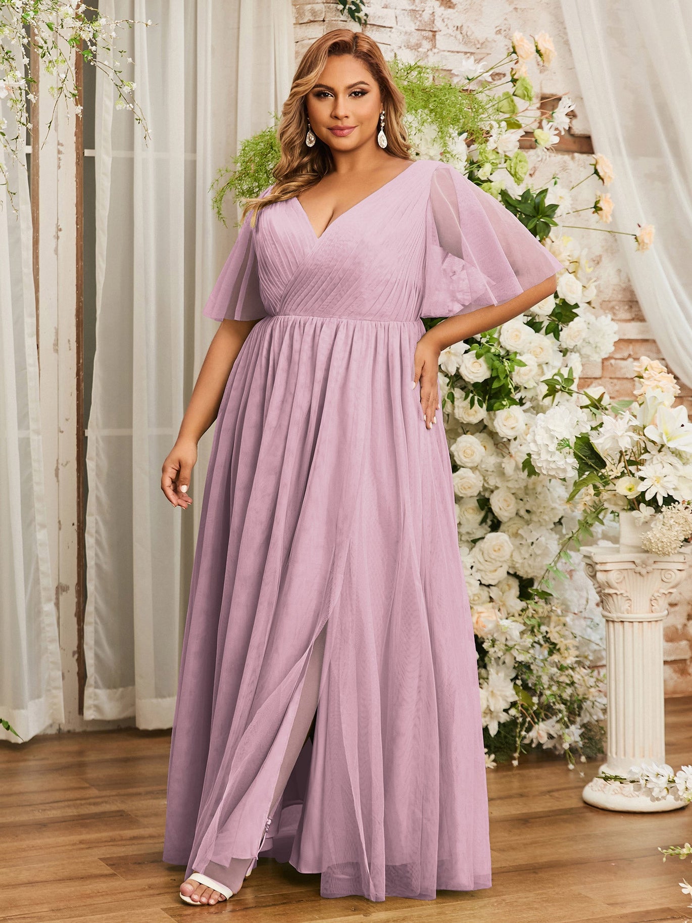 BABARONI Tulle Vintage Mauve Bridesmaid Dresses A-line V-neck Sleeveless  Floor-length With Slit  BABARONI UK