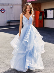 Princess V-Neck Asymmetrical Tulle Prom Dresses Sky Blue Plus Size
