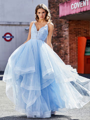 Princess V-Neck Asymmetrical Tulle Prom Dresses Sky Blue Plus Size