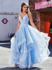 Princess V-Neck Asymmetrical Tulle Prom Dresses Sky Blue