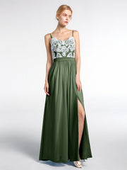 Ivory Lace Spaghetti Strap Front Slit Dress Olive Green