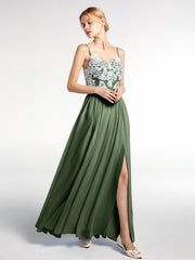 Ivory Lace Spaghetti Strap Front Slit Dress Olive Green