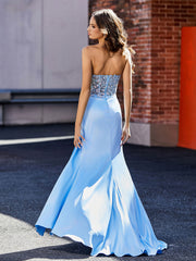 V-Neck Sweep Train Satin Prom Dresses With Pleated Sky Blue Plus Size