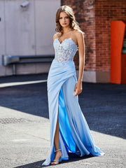 V-Neck Sweep Train Satin Prom Dresses With Pleated Sky Blue Plus Size