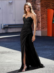 V-Neck Sweep Train Satin Prom Dresses With Pleated Black