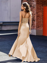 V-Neck Sweep Train Satin Prom Dresses With Pleated Champagne Plus Size