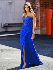 V-Neck Sweep Train Satin Prom Dresses With Pleated Royal Blue