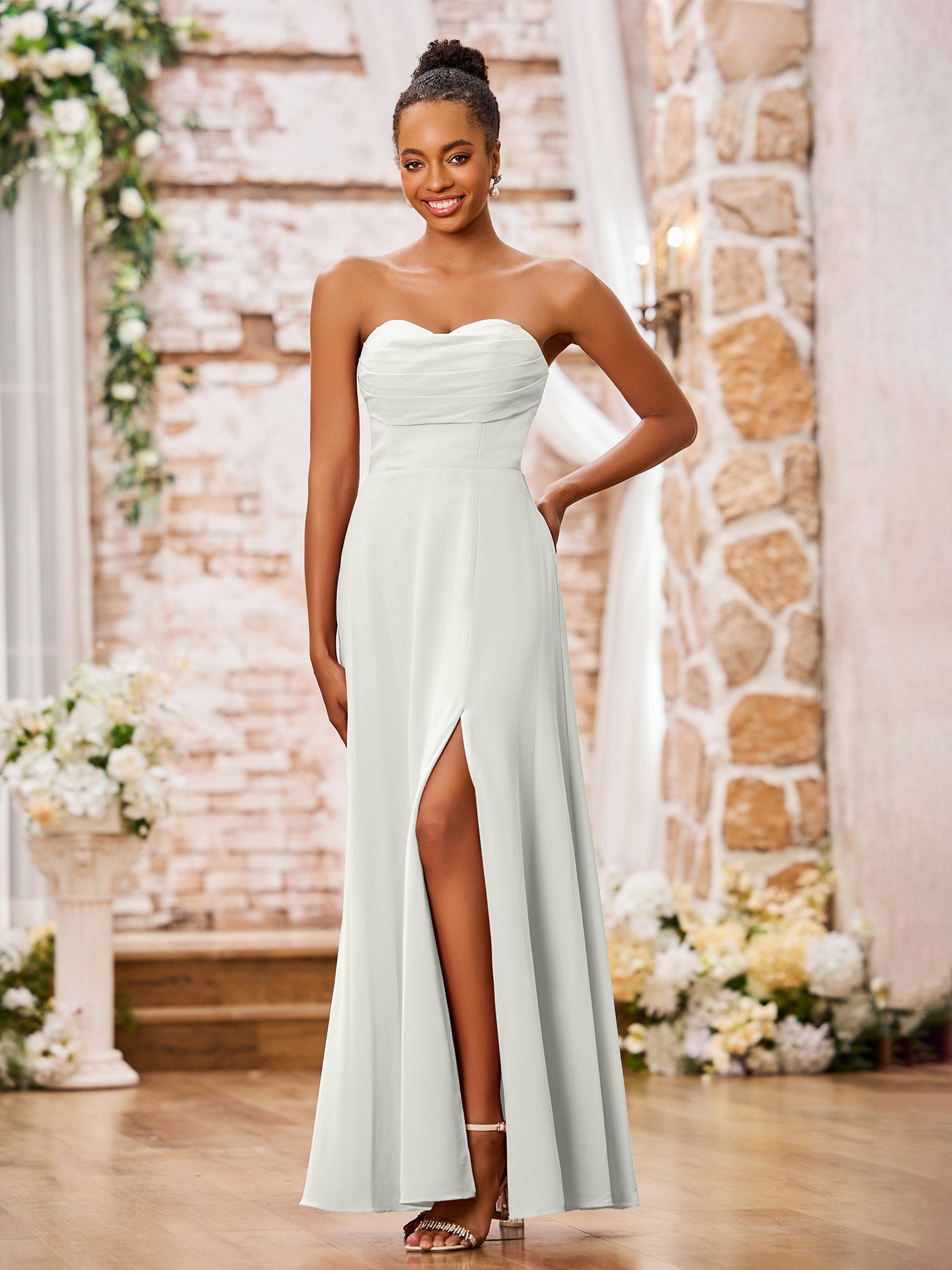 BABARONI Chiffon Ivory Bridesmaid Dresses Empire Sweetheart Floor ...