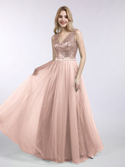 V-neck Sequins Top Tulle Skirt Long Dresses Metallic Gold