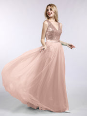 V-neck Sequins Top Tulle Skirt Long Dresses Metallic Gold