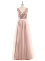 V-neck Sequins Top Tulle Skirt Long Dresses Metallic Gold