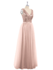 V-neck Sequins Top Tulle Skirt Long Dresses Metallic Gold