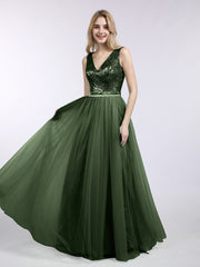 V-neck Sequins Top Tulle Skirt Long Dresses Olive Green