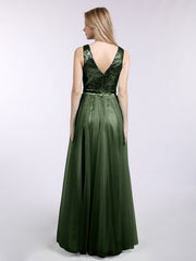 V-neck Sequins Top Tulle Skirt Long Dresses Olive Green