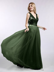 V-neck Sequins Top Tulle Skirt Long Dresses Olive Green