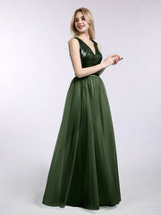 V-neck Sequins Top Tulle Skirt Long Dresses Olive Green