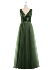 V-neck Sequins Top Tulle Skirt Long Dresses Olive Green