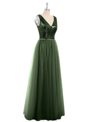 V-neck Sequins Top Tulle Skirt Long Dresses Olive Green