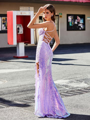 Sheath/Column V-Neck Sequin Prom Dresses Lilac Plus Size