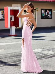 Sheath/Column V-Neck Sequin Prom Dresses Blushing Pink Plus Size