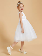 Knee Length Satin Tulle Flower Girl Dress Scoop Neckline