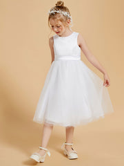 Knee Length Satin Tulle Flower Girl Dress Scoop Neckline