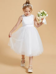 Knee Length Satin Tulle Flower Girl Dress Scoop Neckline