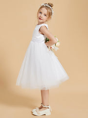 Knee Length Satin Tulle Flower Girl Dress Scoop Neckline