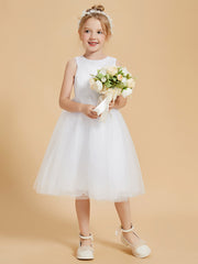 Knee Length Satin Tulle Flower Girl Dress Scoop Neckline
