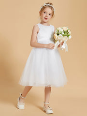 Knee Length Satin Tulle Flower Girl Dress Scoop Neckline