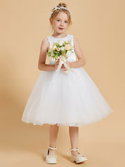 Knee Length Satin Tulle Flower Girl Dress Scoop Neckline