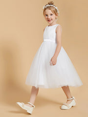 Knee Length Satin Tulle Flower Girl Dress Scoop Neckline