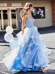 Princess V-Neck Floor-length Tulle Prom Dresses Sky Blue Plus Size