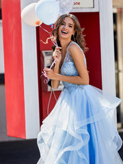 Princess V-Neck Floor-length Tulle Prom Dresses Sky Blue Plus Size